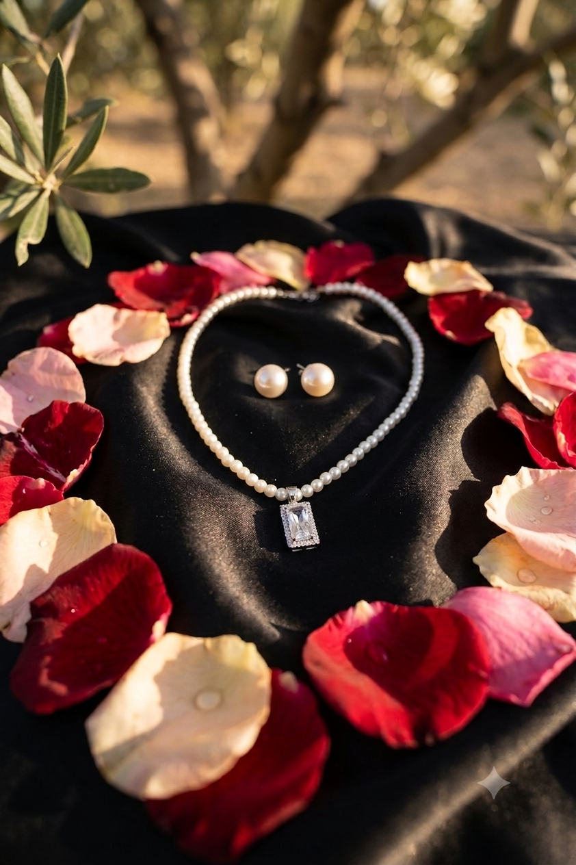 A luminous single pearl meets a sleek white square silver pendant.
