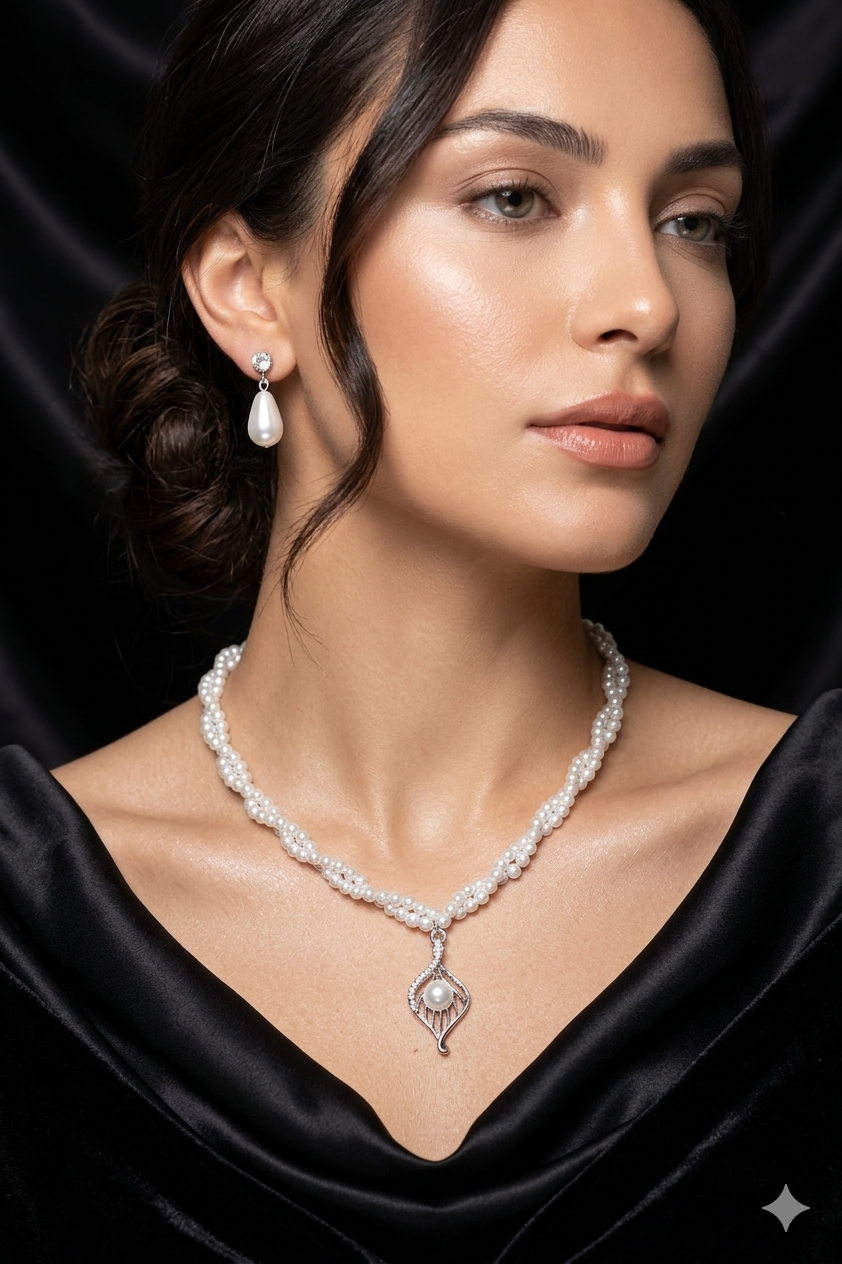 Double-strand pearl necklace with silver and pearl