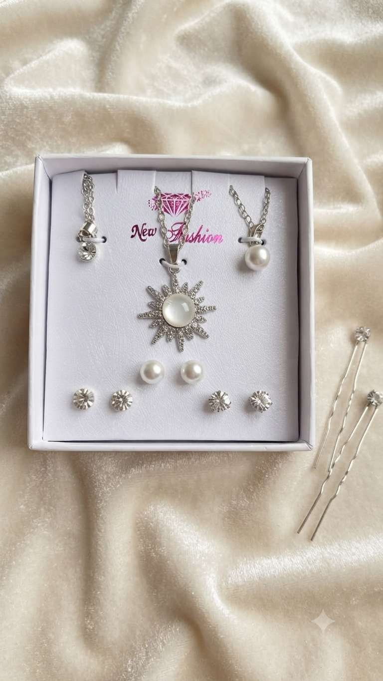 Luxe Pearl & Silver Jewelry Collection – 6-Piece Necklace & Stud Set 🤍✨