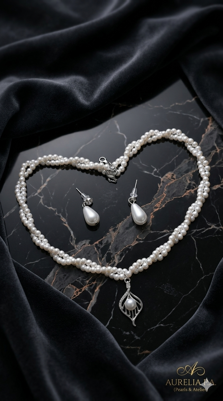 Double-strand pearl necklace with silver and pearl